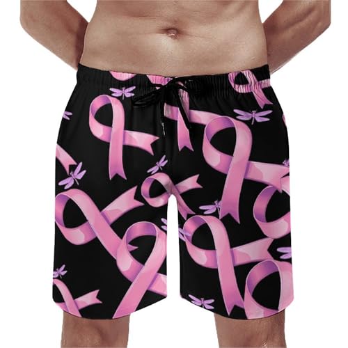 Breast Cancer Awareness Ribbon Dragonfly Men's Swim Trunks Quick Dry Board Shorts Hawaiian Beach Shorts With Pocket