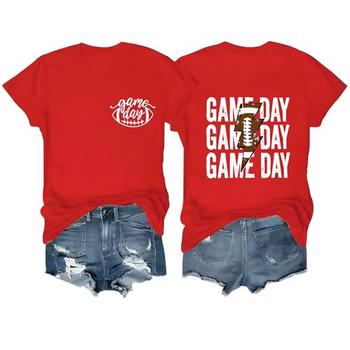 Game Day Football Shirts for Women Cute Soccer Graphic Tee Tops Funny Sports Mom Casual Short Sleeve T-Shirts A S Red a