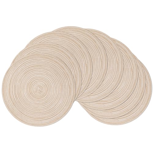 SHACOS Round Braided Placemats Set of 8 Cotton Fabric Round Table Mats Non Slip Washable 15 inch Round Place Mats (Beige, 8)