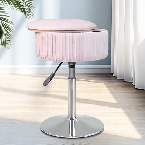 LITZFUR Pink Vanity Stool for Makeup Room, Round Storage Ottoman Height Adjustable Velvet Vanity...