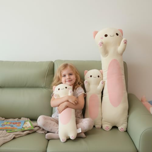 Image of Long Cat Plush Toy - Ultra Soft Cat Plush Pillow Stuffed Animal for Kids & Adults, Kawaii Kitty Body Pillow, Cute Plushie Gift for Kids Girlfriend (Cream, Round Eyes, 110cm /43.31inch)