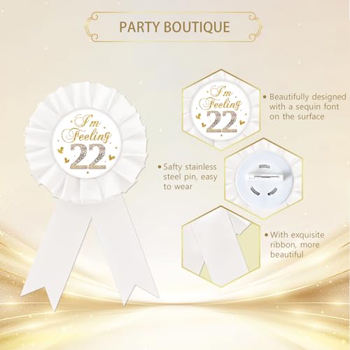 Image of I'm Feeling 22 Tinplate Badge Pin, White Rosette Happy 22nd Birthday Button Pin, Gold Glitter Twenty-Two Years Old Badge Pin for Women, Diamond Brooch Buttons for Twenty Two Birthday Party to Wear