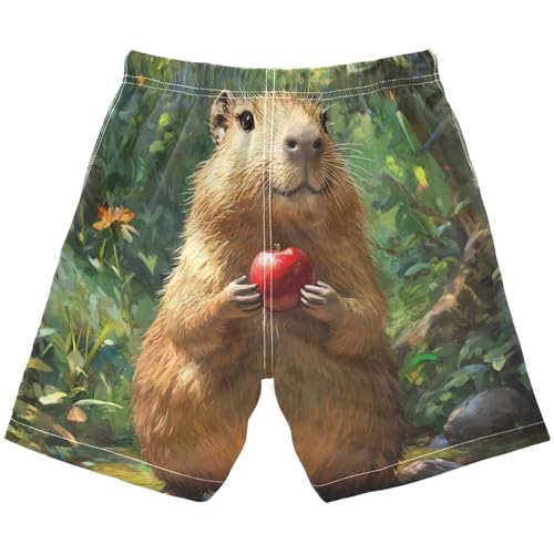 DOMIKING Capybara Forest Green Boys' Pull On Swim Trunks Quick Dry Boardshorts with Mesh Lining for Swimming Hiking M2
