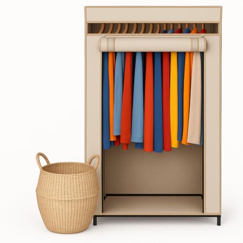 HOLDN’ STORAGE Portable Wardrobe Closet - 50 lb Capacity, Internal Heavy Duty Metal Rod, Zipper & Clear Window, Durable Clothes Organizer, Tool-Free Easy Assembly, Beige Canvas Cover