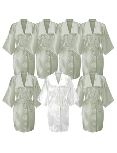 EPLAZA 7 Pcs Women Silky Satin Robe Wedding Bridal Party Bride Bridesmaid Robes Kimono Loungewear Dressing Gowns