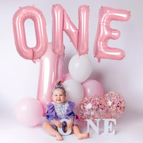 Image of 40 Inch Pastel Pink ONE Balloon for 1st Birthday - Light Pink Letters With Ribbon - Baby Pearl Alphabet for Girls First Birthday, 1 Year Old Baby Shower Party Decorations