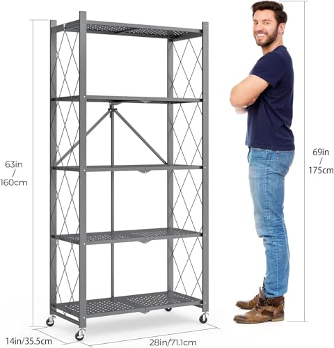 Image of 5-Tier Folding Metal Storage Rack - 63 inch Heavy-Duty Steel Frame with Wheels, No Assembly Utility Organizer, Rolling Shelving Unit for Kitchen, Garage, Pantry, Bedroom (Gray, 5 Tier)