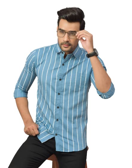 Image of Solid Regular Fit Cotton Casual Strips Shirt for Men || Spread Collar || Full Sleeves (X-Large, Blue)