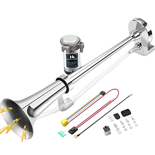 HK 12V 150db Air Horn, 18 Inches Chrome Zinc Single Trumpet Truck Air Horn with Compressor Powerful Loud 150db for Truck Boat SUV Train (Sliver) by HK - Used condition - US$17.63