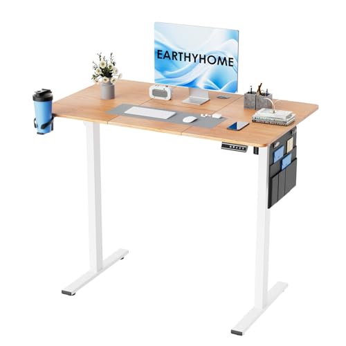 EarthyHome Höhenverstellbarer Schreibtisch, Schreibtisch höhenverstellbar elektrisch,120x60cm, 3-Funktions-Memory, mit Kabelmanagement und Haken.