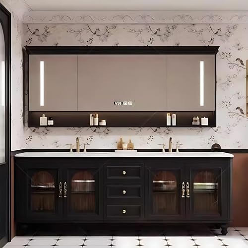 Genpai Double Sink Bathroom Vanity - Smart LED Defog Mirror & Floor Mounted Bathroom Vanities | Open Storage Space, Metal Handle & 4 Glass Door (Black, 64IN)