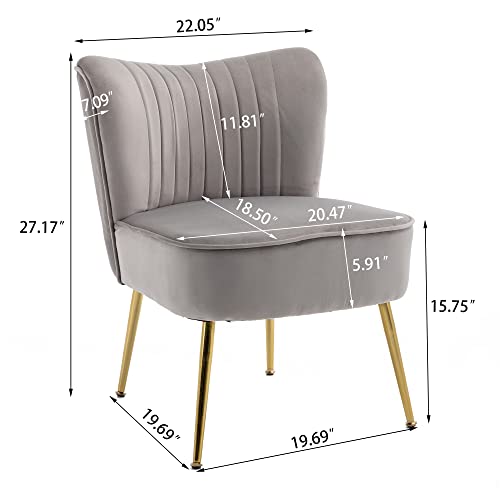 Goolon Velvet Accent Chair Set Of 2 Upholstered Vertical Line Living Room Chair Tufted Side Chair With Golden Metal Legs Modern Design Armless Chair Wingback Chair For Bedroom Light Gray #TOP2