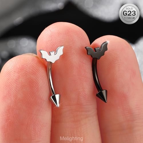 Melighting 16G Bat Rook Piercing Jewelry, G23 Solid Titanium Eyebrow Ring, Internally Threaded Vertical Labret Lip Jewellery, Black Curved Barbells, Daith Rook Earring for Women2