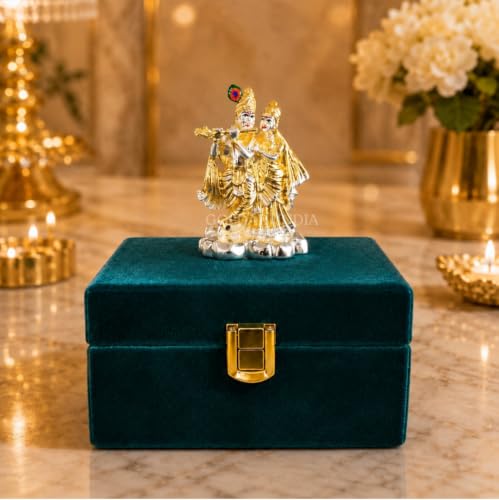 Image of Gold Art India 999 Silver Plated & 24K Gold Plated Radha Krishna Idol with Luxury Velvet Gift Box | 3.7 Inch Radhe Krishna Murti for Wedding Gift, Housewarming, Home Temple