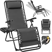 Yaheetech Sonnenliege Liegestuhl Klappbar Gartenliege mit Kopfkissen & Becherhalter Tragbare Relaxliege für Strand/Garten/Balkon, Dunkelgrau