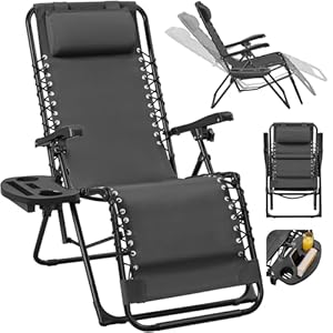 Yaheetech Sonnenliege Liegestuhl Klappbar Gartenliege mit Kopfkissen & Becherhalter Tragbare Relaxliege für Strand/Garten/Balkon, Dunkelgrau