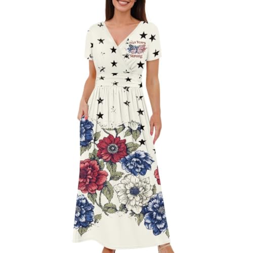 Image of Women's Fall Summer Short Sleeve Ankle Length V-Neck Party Dress with Pockets Size S-3XL