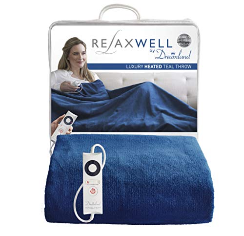 Dreamland Relaxwell Intelliheat fast heat up in 5 minutes, Luxury Velvety Teal heated electric throw 160 x 120 cm, 6 temperature settings & timer, machine washable & tumble dry safe, 2 year guarantee