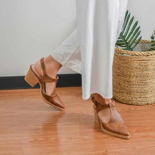 Womens Chunky Block Heels Closed Pointed Toe Ankle T-Strap Pumps Vintage Dress Party Shoes, Brown, Size 7.53