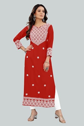 Image of Women's Rayon Embroidered Straight Kurti Under 499 Designer Attractive Look Women's Kurta