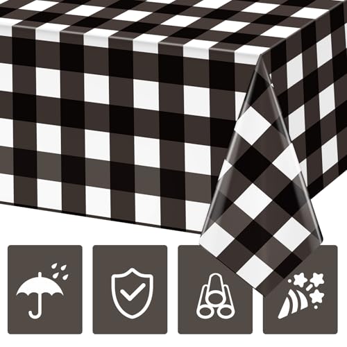 Image of Hxezoc Buffalo Plaid Plastic Tablecloth, 54 x 108 Inch Black and White Checkered Disposable Winter Table Cover for Birthday Party Decorations Outdoor Indoor Party Supplies
