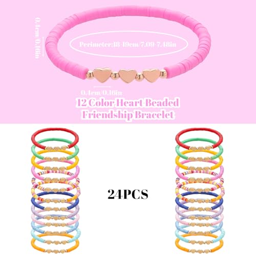 QhgPnt 24 Pcs Soft Clay Bead Heart Bracelets for Girls, Colourful Party Bag Fillers, Adjustable Friendship Bracelets for Kids, Teens and Women, Perfect for Parties, Gifts and Daily Wear