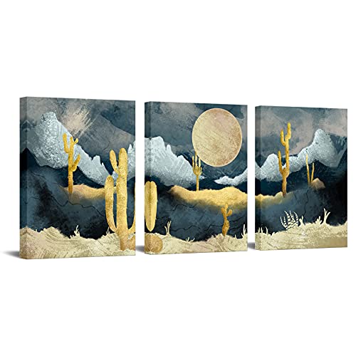 3 Piece Desert Cactus Canvas Wall Art Moon Mountain Painting Pictures Nordic Southwestern Prints Artwork For Living Room Bedroom Bathroom Decor Framed Ready To Hang #TOP8