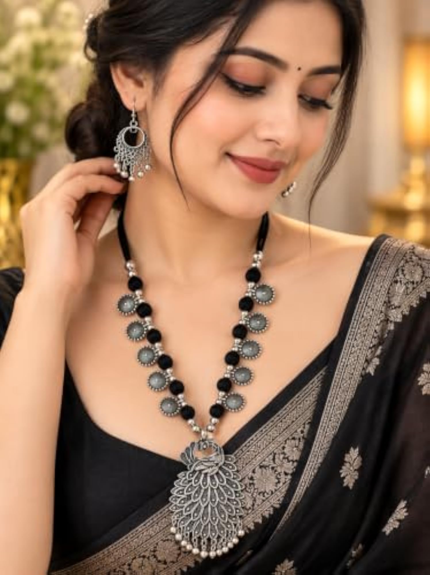 Oxidised Silver Peacock Pendant Necklace Set with Earrings