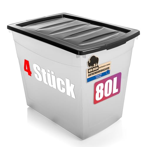 BigDean 4x 80 L Aufbewahrungsbox mit Deckel groß Budget Line Plastikbox mit Deckel