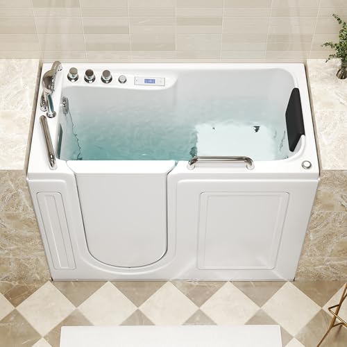 Walk In Tub 53" x 27" Left Drain, Air & Whirlpool Massage Jets with Built-in Heater, Aromatherapy, Ozone Cleaning, 3 Safety Handrails, Inswing Door, Built-in Seat, Acrylic Soaking Tub for Seniors