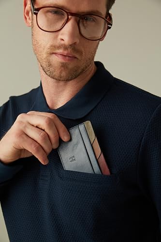 Men's Wallet, Slim Minimalist Card Holder, 6 Card Slots, Main Pocket, Full-Grain Handcrafted Front Pocket Leather, Gift Box - Pouch, Christmas & Birthday, Navy Blue (Plus Colors)4