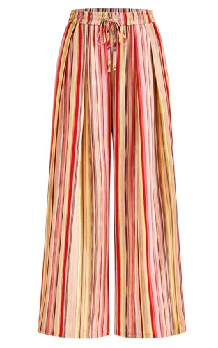 Image of PRETTYGARDEN Womens Pants Elastic Waist Floral Lightweight Palazzo Pants for Women Casual Lounge Wide Leg Pants Woman