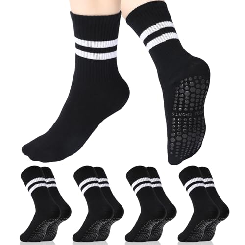 Jspupifip 4 Pairs Pilates Grippy Socks for Women, Long Non Slip Yoga Socks with Grips Crew Socks for Pilates Barre Hospital