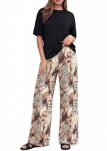 PRETTYGARDEN Summer Outfits for Women Two Piece Sets Lounge Boho Chic Clothing Fashion Western Outfits Travel Sets Airplane Spring Clothes 2026 Beach Vacation Short Sleeve Shirts (Leopard Khaki,XXL)