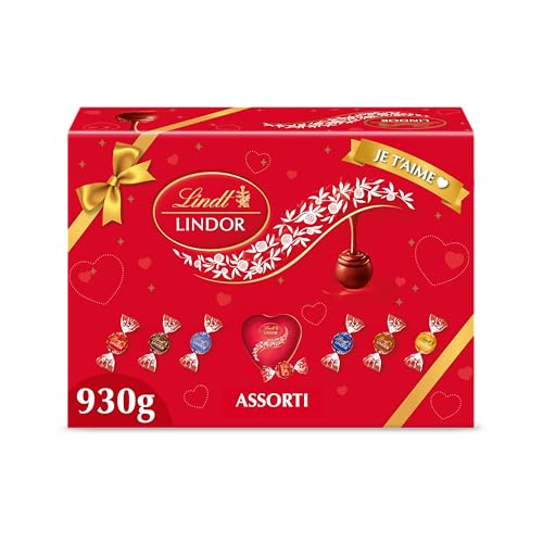 Lindt - Boîte Cadeau LINDOR - Fourreau Je t'aime - Assortiment de Chocolat au Lait, Noir 45%, Blanc, Noisette, Cœur Blanc, Double Chocolat - Cœur Fondant,...