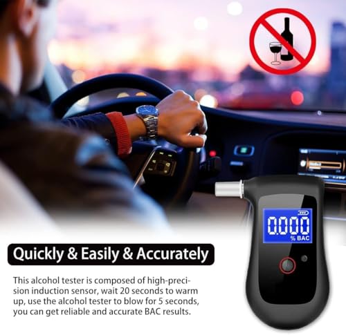 Image of Rechargeable Alcohol Breath Checker Detector - Portable Breathalyzer with LCD Display with Memory Function, 6 Replaceable Mouthpieces for Personal, Professional & Police Use