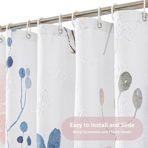 Image of QiyI Watercolor Floral Shower Curtain, 3D Embossed Butterflies Pink Blue Bathroom Curtain, Minimalist Farmhouse White Bath Curtain, Waterproof Fabric Flower Shower Curtain Set with Hooks, 72x72