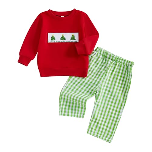 Toddler Baby Boy Christmas Outfit Christmas Tree Embroidered Crewneck Sweatshirt Plaid Pants 2Pcs Winter Clothes Set