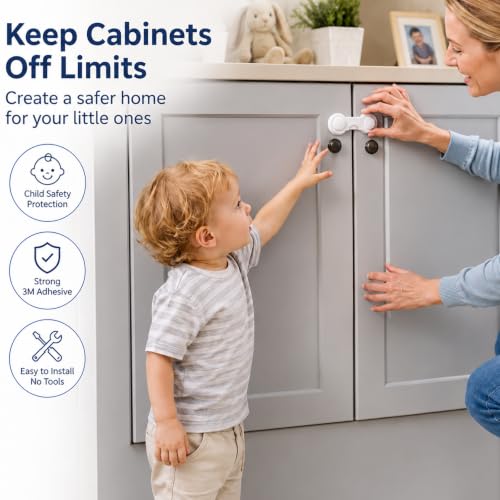 Drawer Locks No-Drill Adhesive Cabinet Latches White 9.5 cm, 6 Pcs - Image 6