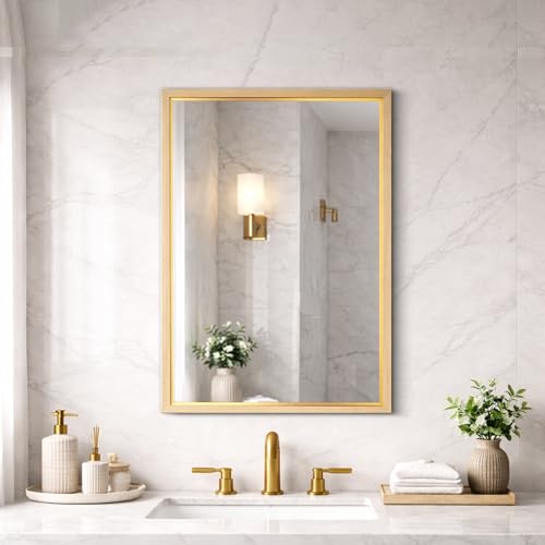 Image of Rousrie Premium Framed Glass Wall Mount Mirror, Decorative, for Bathroom, Bedroom, Living Room, Dressing Room, Wash Basin and Entryway (18 by 24 Inch) (Light Brown)