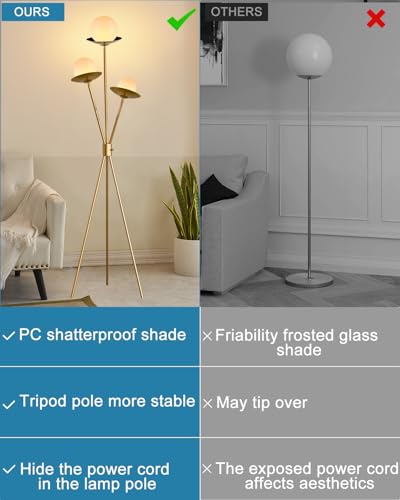 Image of 3 Globe Dimmable Tripod Floor Lamp, Mid Century Floor Lamps with 3Pcs 3000K Bulbs Included, Modern Gold Tall Lamp for Living Room Bedroom Home Office Sofa Beside Corner Decor