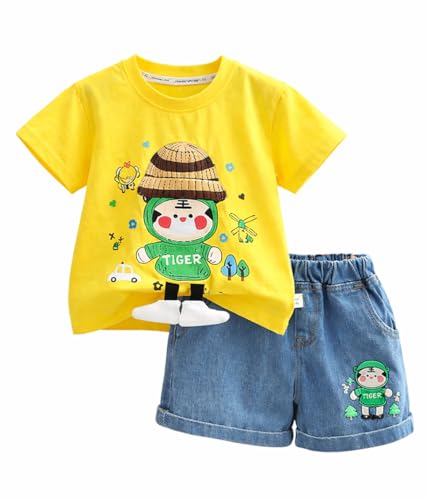 Image of Bold N Elegant Kids Half Sleeve 3D Cartoon Tiger Cotton T-Shirt with Denim Shorts Summer CLothing Set for Infant Toddler Preschool Boys n Girls | Cook Outfit For Kids
