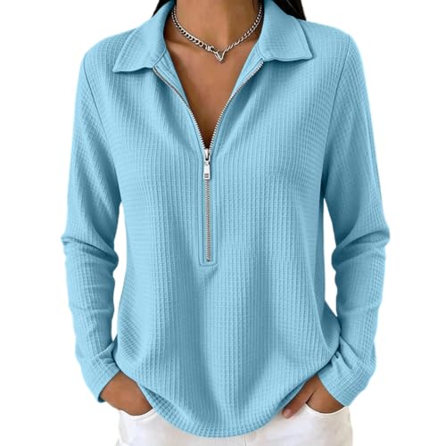 Womens Waffle Knit Tops Long Sleeve Half Zip Collared Pullover Shirt - image 2