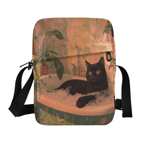 messenger bag cute mens crossbody Womens Cross Body Purses Adjustable Strap for business business- Black Cat Bath