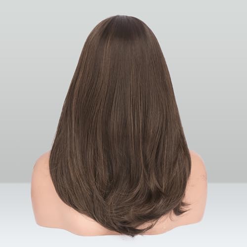 Image of FESHFEN Wigs with Bangs for Women, Synthetic Natural Looking Long Layered Straight Hair Wig for Women Daily Party Costume, 18 inch Brown with Highlights