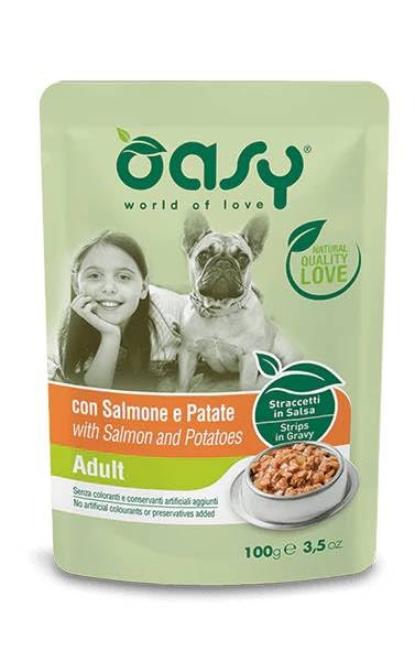 Oasy Umido Cani STRACCETTI ADULT SALMONE E PATATA - OFFERTA - 6 BUSTE DA 150 GR