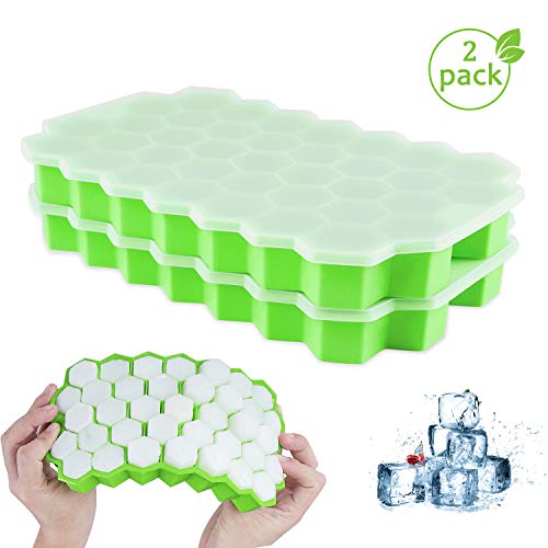Henscoqi 2 Packs Ice Cube Trays with No-Spill Removable Lid, Easy-Release Silicone 74-Ice