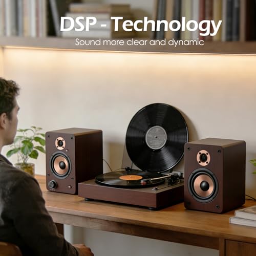 Image of LONPOO 100W HiFi Active Bookshelf Speakers with Bluetooth | 4'' Aluminum Woofer, 12MM Wooden Cabinet, DSP-Tech, Optical /RCA /USB /AUX for TV PC Turntable (LP-42M)