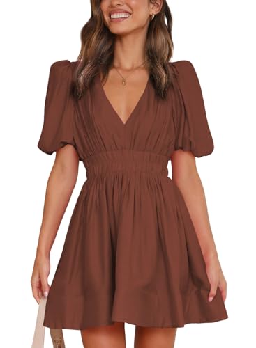 Image of Outfeel Women 2025 Summer Mini Dress Puff Short Sleeve Sexy V Neck A Line Elastic High Waist Flowy Swing Dresses