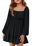 Batermoon Girls Long Sleeve Tie Back Dress Kids Fall Square Neck A-Line Mini Dresses 5-14 Years Black